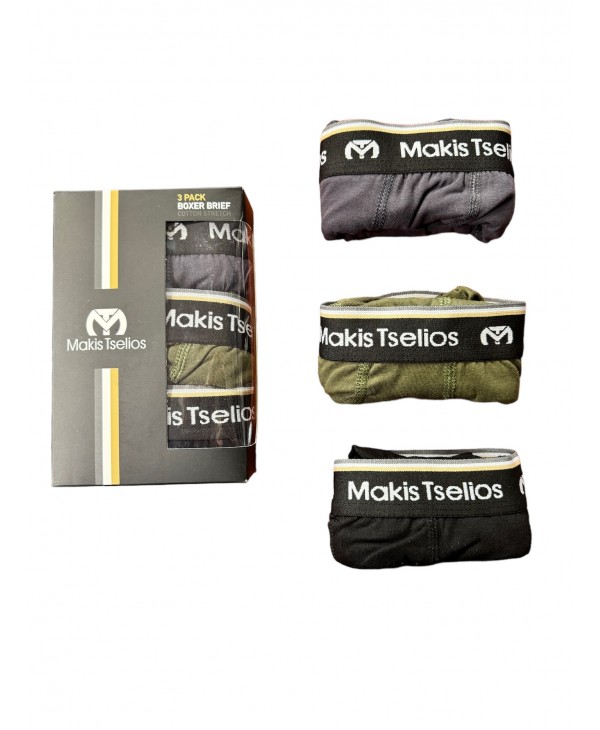 Boxer shorts 3 pcs. black-charcoal-khaki cotton elastics extra soft no label MAKIS TSELIOS UNDERWEAR-BOXERS MAKIS TSELIOS