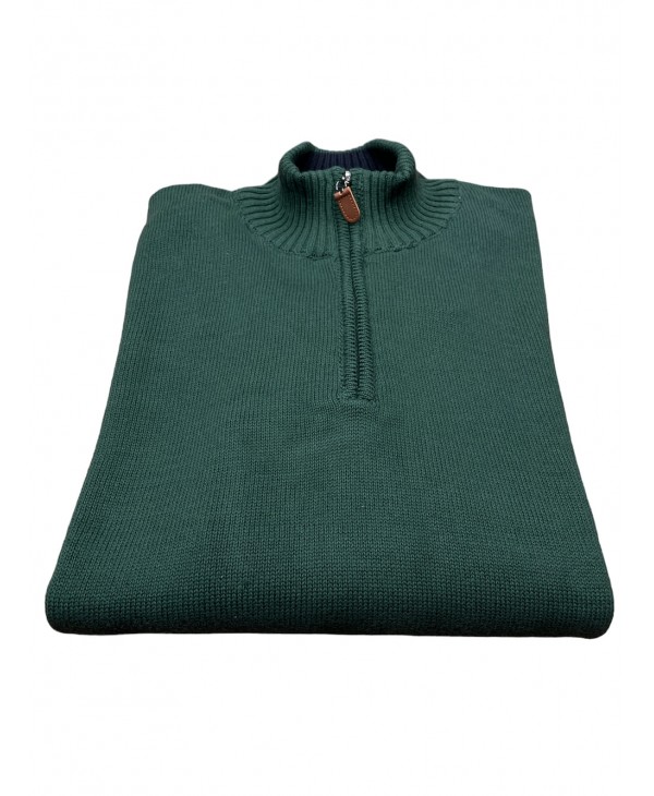 Men's knitted cotton shirt with zipper in cypress color POLO ZIP LONG SLEEVE