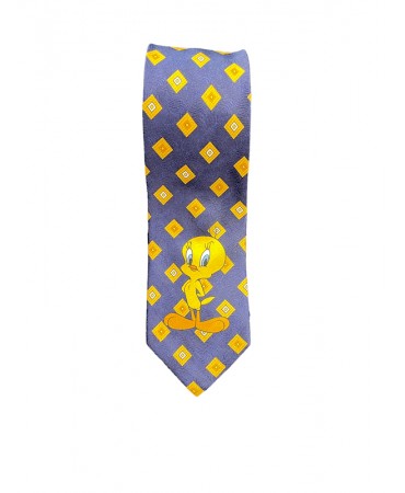 Tweety in blue tie tie with yellow geometric pattern