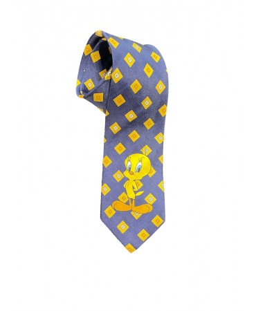 Tweety in blue tie tie with yellow geometric pattern