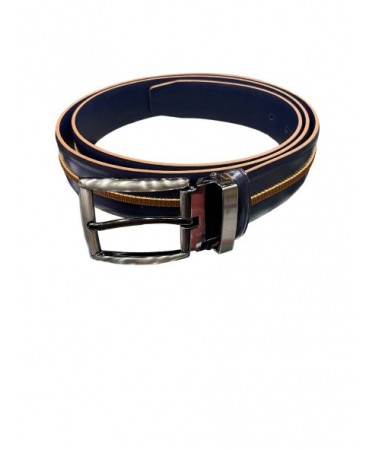 Blue leather belt with an embossed design along the length in tan color
