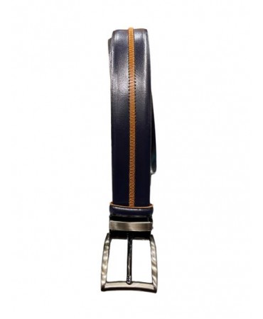 Blue leather belt with an embossed design along the length in tan color