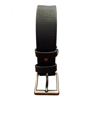 Men's wide black 4cm leather belt with embossed design