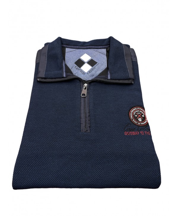 In blue men's blouse with zipper and special trims on collar and shoulders POLO ZIP LONG SLEEVE