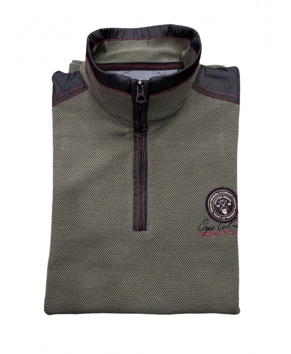 Men's blouse with zip in olive color and trims on the shoulders and collar in gray color POLO ZIP LONG SLEEVE