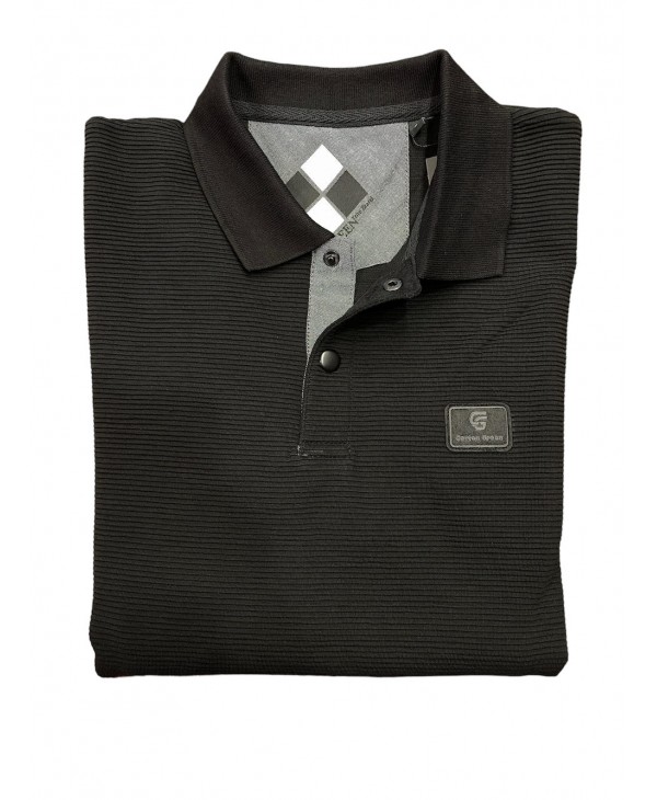 Black men's blouse with horizontal embossed stripe and truck buttons POLO BUTTON LONG SLEEVE