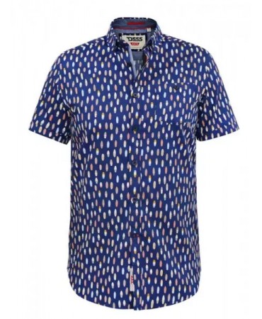 Men's short sleeve blue shirt with colorful surfboards