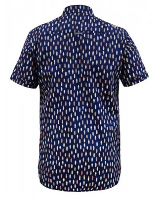 Men's short sleeve blue shirt with colorful surfboards