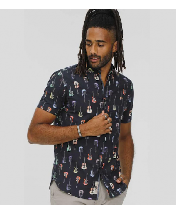 Men's shirt with short sleeves on a blue base with colorful guitars PRINTED SHIRT
