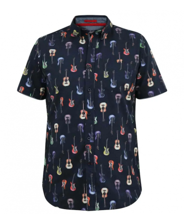 Men's shirt with short sleeves on a blue base with colorful guitars