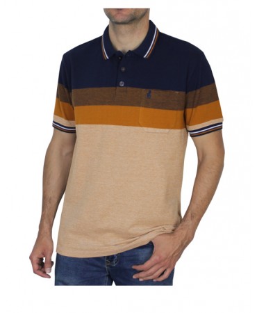 Men's polo shirt with pocket in beige base with brown and blue
