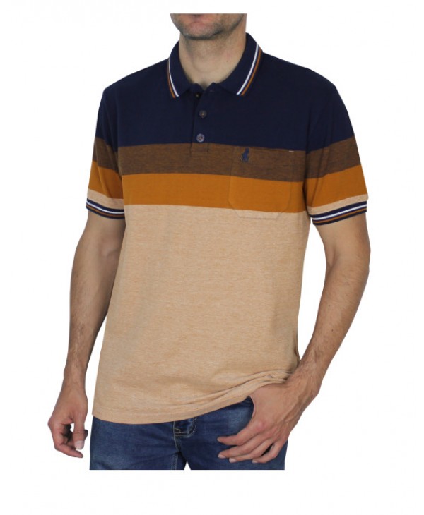 Men's polo shirt with pocket in beige base with brown and blue SHORT SLEEVE POLO 