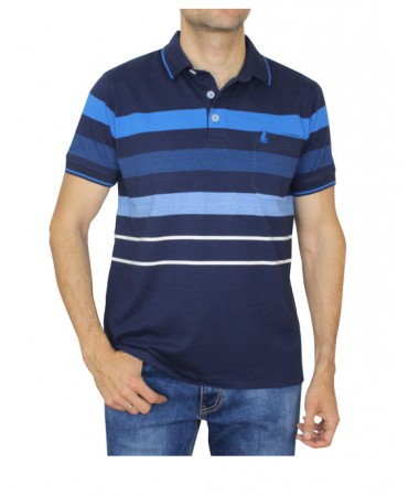 Men's polo shirt with a pocket in a blue base with raff stripes in light blue and white