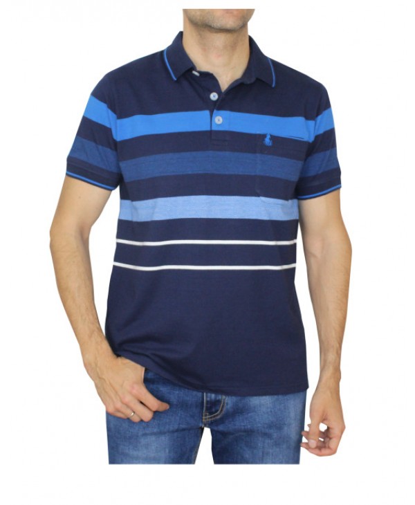 Men's polo shirt with a pocket in a blue base with raff stripes in light blue and white SHORT SLEEVE POLO 