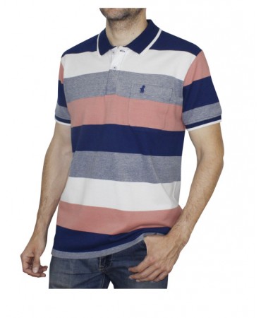 Men's polo shirt with pocket striped with blue, raff and salmon