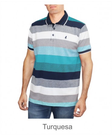 Forestal polo with wide stripes of gray, white and petrol