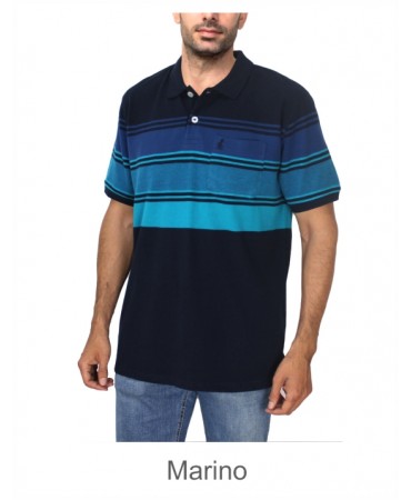 Polo shirt with blue button with petrol and seam stripes by Forestal