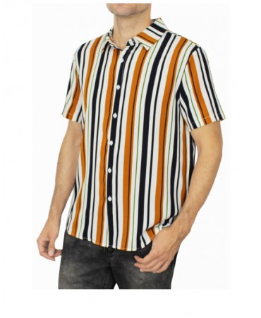Men's short sleeve striped shirts in white blue green and beige color