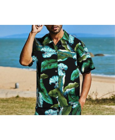 With short-sleeve men's shirt printed with green and roux leaves