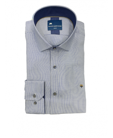 Men's shirt on a white base with a blue small design as well as blue color inside the collar and cuff