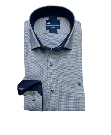 Men's shirt on a white base with a blue small design as well as blue color inside the collar and cuff