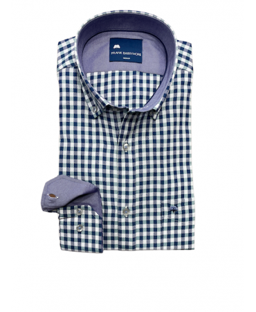 Men's purple plaid shirt on a white base as well as purple color inside the collar and cuff