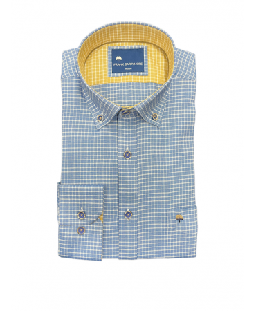 Men's shirt with white plaid on a blue base as well as special buttons