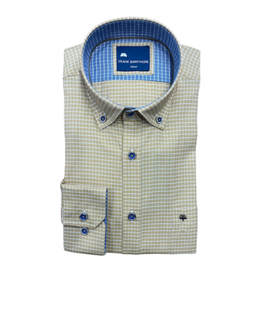 Frank Barrymore shirt with white check on a yellow base and blue check inside the cuff and collar