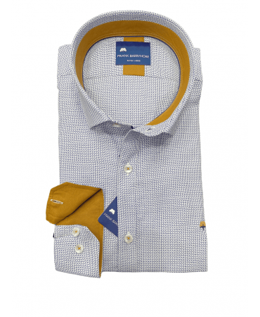 Frank Barrymore white shirt with blue pattern and tampa color inside of collar and cuff