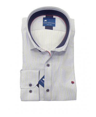 Frank Barrymore shirt on a white base with a blue design and very blue trim
