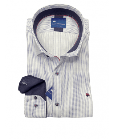 Frank Barrymore shirt on a white base with a blue design and very blue trim