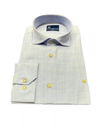 Light blue men's shirt with soft collar and beige placket