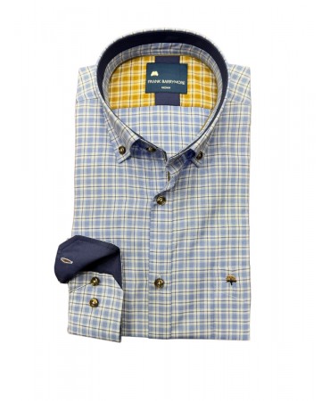 Men's blue and white plaid shirt in a comfortable line and pocket