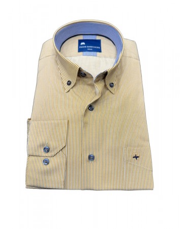 Men's beige striped shirt with blue buttons