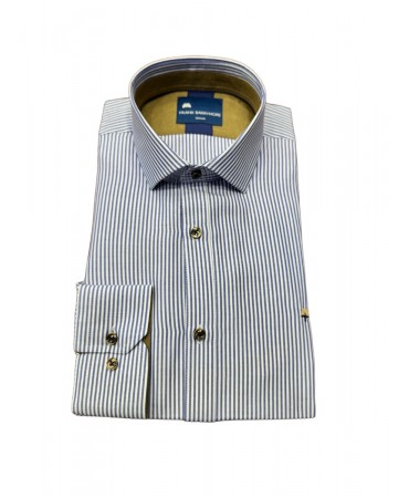 Shirt with a blue stripe on a white base and beige trim