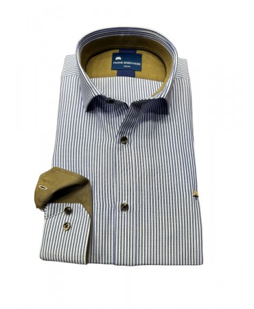 Shirt with a blue stripe on a white base and beige trim