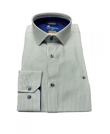 Green striped shirt for men in a relaxed fit with blue inside collar and cuff