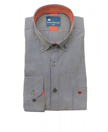 Blue check shirt with pocket and matching red check inside the cuff and collar