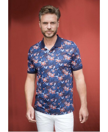 Polo Meantime Short Sleeve Print on Blue Base with Red and Blue Flowers