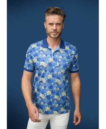 Polo Meantime Short Sleeve Print on Turquoise Base with Yellow and Blue Flowers