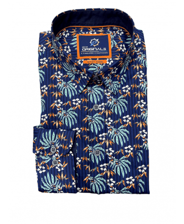 Printed GCM ORIGINALS shirt on a blue base with palm trees
