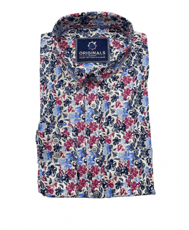 Printed Gcm Originals Shirt in White Base with Blue Blue and Red Flowers