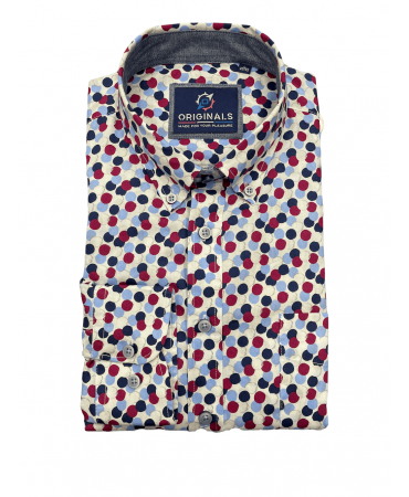 Gcm Originals Printed Shirt in White Base with Circles Blue Red and Blue