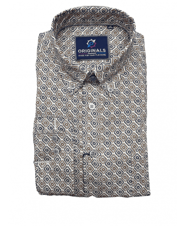 Ecru-based shirt with geometric rhombus in brown and blue