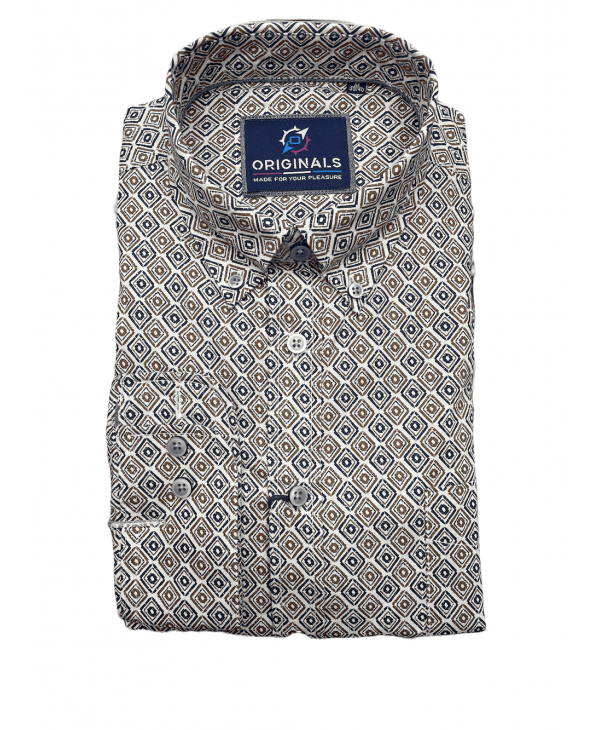 Ecru-based shirt with geometric rhombus in brown and blue GCM ORIGINALS SHIRTS