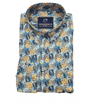 Printed shirt on a blue base with leaves in blue and orange