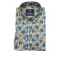 Printed shirt on a blue base with leaves in blue and orange