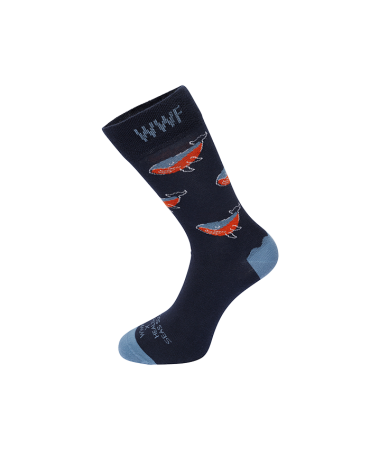 Collection WWF x Healthy Seas Socks limited edition in black base with sharks in orange and blue color ecological