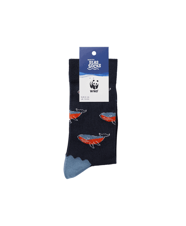 Collection WWF x Healthy Seas Socks limited edition in black base with sharks in orange and blue color ecological HEALTHY SEAS SOCKS