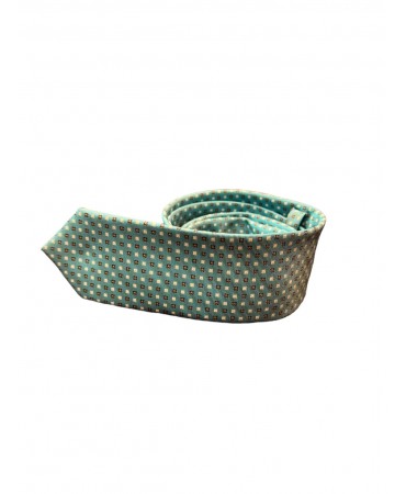 Men's tie on a light turquoise base with a brown and white geometric pattern